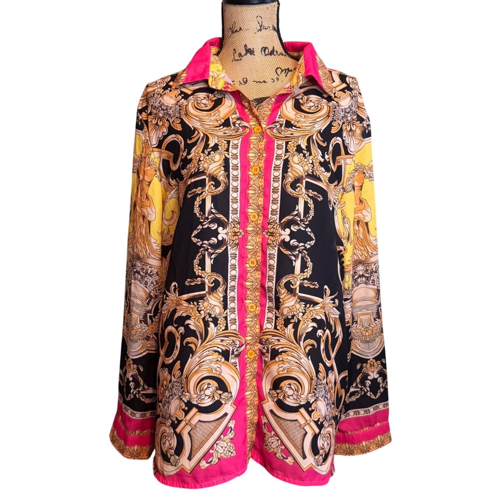 Yoyo 5 Womens Baroque Regal Maximalist Eclectic Button Up Shirt Gold Size‎ 2X